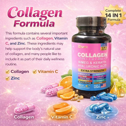 Collagen For Women Men Capsules Peptides Type I II III V X 64,000 MCG Biotin Keratin Hyaluronic Acid MSM Vitamin A Vitamin C Vitamin E Folic Acid Zinc Magnesium with Grape Seed Extract, Quercetin